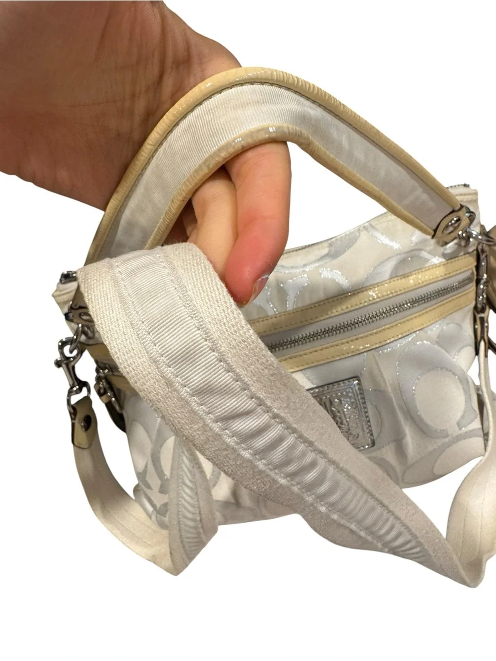 Y2K Coach Poppy Cream and Silver Signature Canvas Crossbody Shoulder Bag